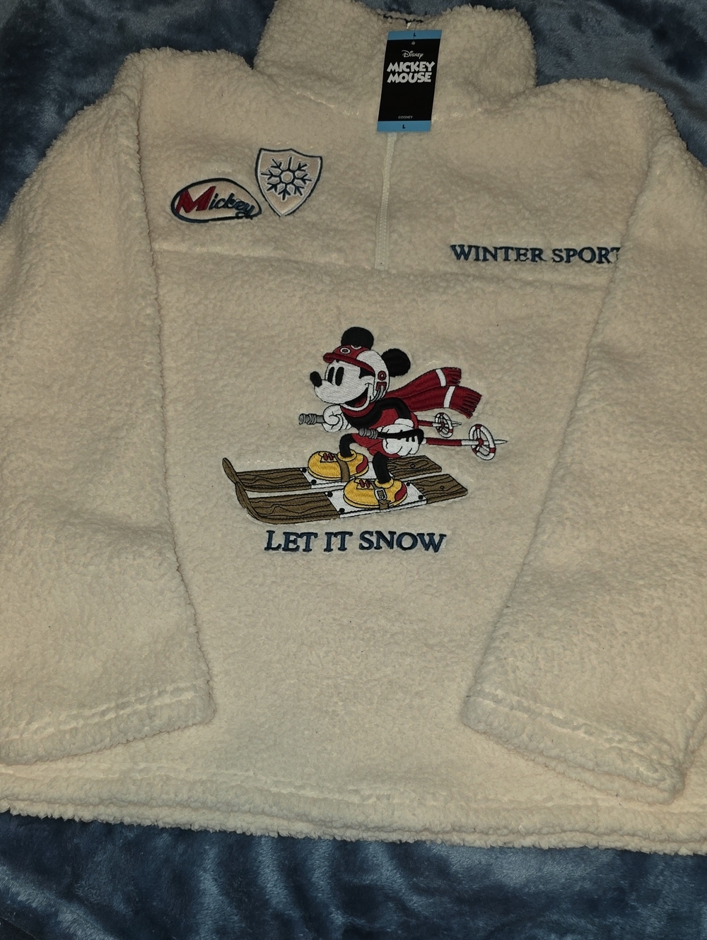 Disney Cream Sherpa Pullover with Red-Accented Mickey Ski Graphic